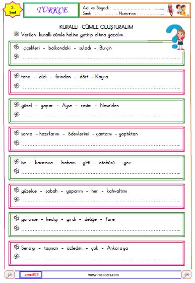 2. Sınıf Türkçe Kurallı Cümle Etkinliği 1